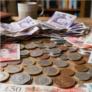 A pile of notes and coins