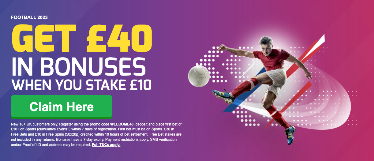 Betfred Stake £10 get £40 Bonus promotion - football player in red shirt kicking football