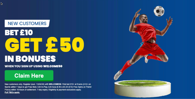 Betfred Stake £10 get £50 Bonus promotion - football player in red shirt kicking football